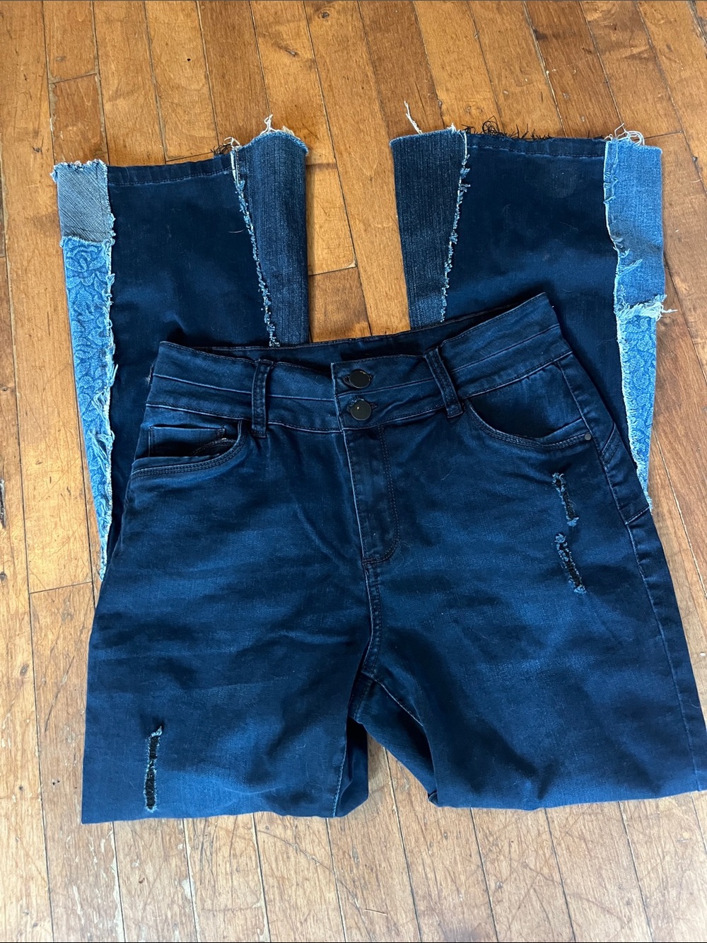 Women's Dark Blue Wide Leg Patchwork Jeans stretch - Picture 4 of 5
